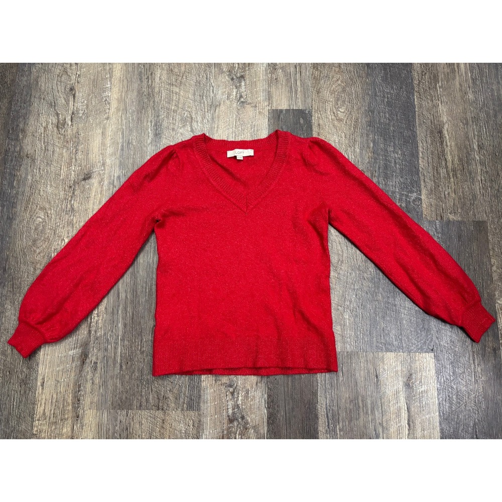 Loft Red Shimmer V-Neck Sweater Puff Sleeve Metallic Knit Top XS